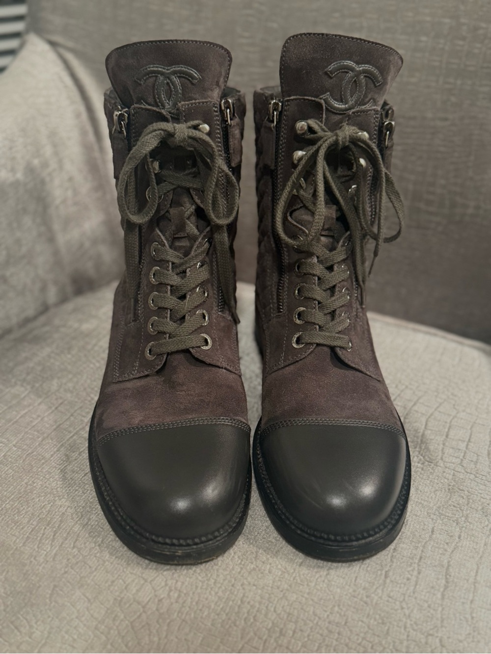 CHANEL G33769 Dark Gray Quilted Suede CC Combat Boots 41.5